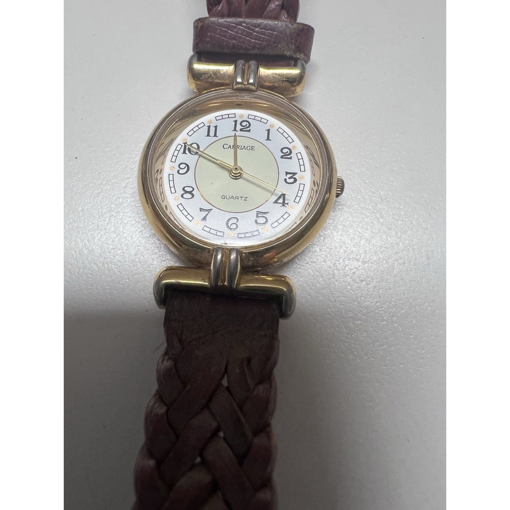Vintage Timex Carriage Womens Watch 26mm Gold Case Brown Braided Leather W7